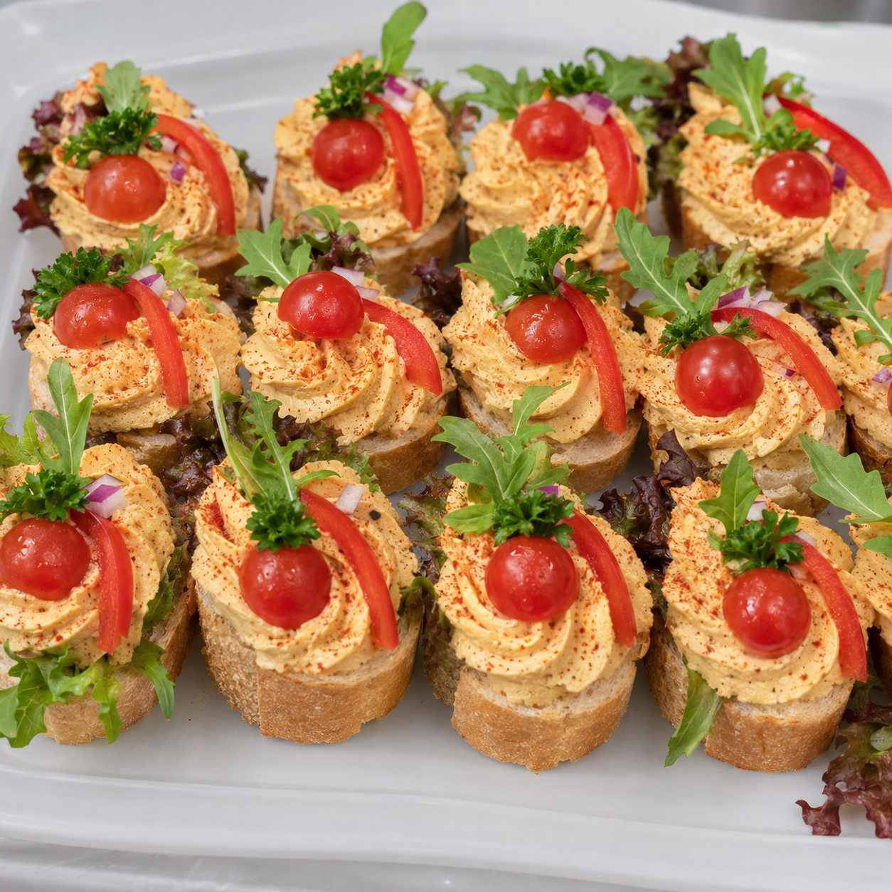 Canapés, Hummus mit Paprika