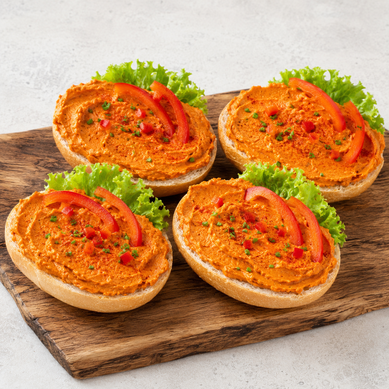 Halbe belegte Brötchen, veganer Paprikaaufstrich