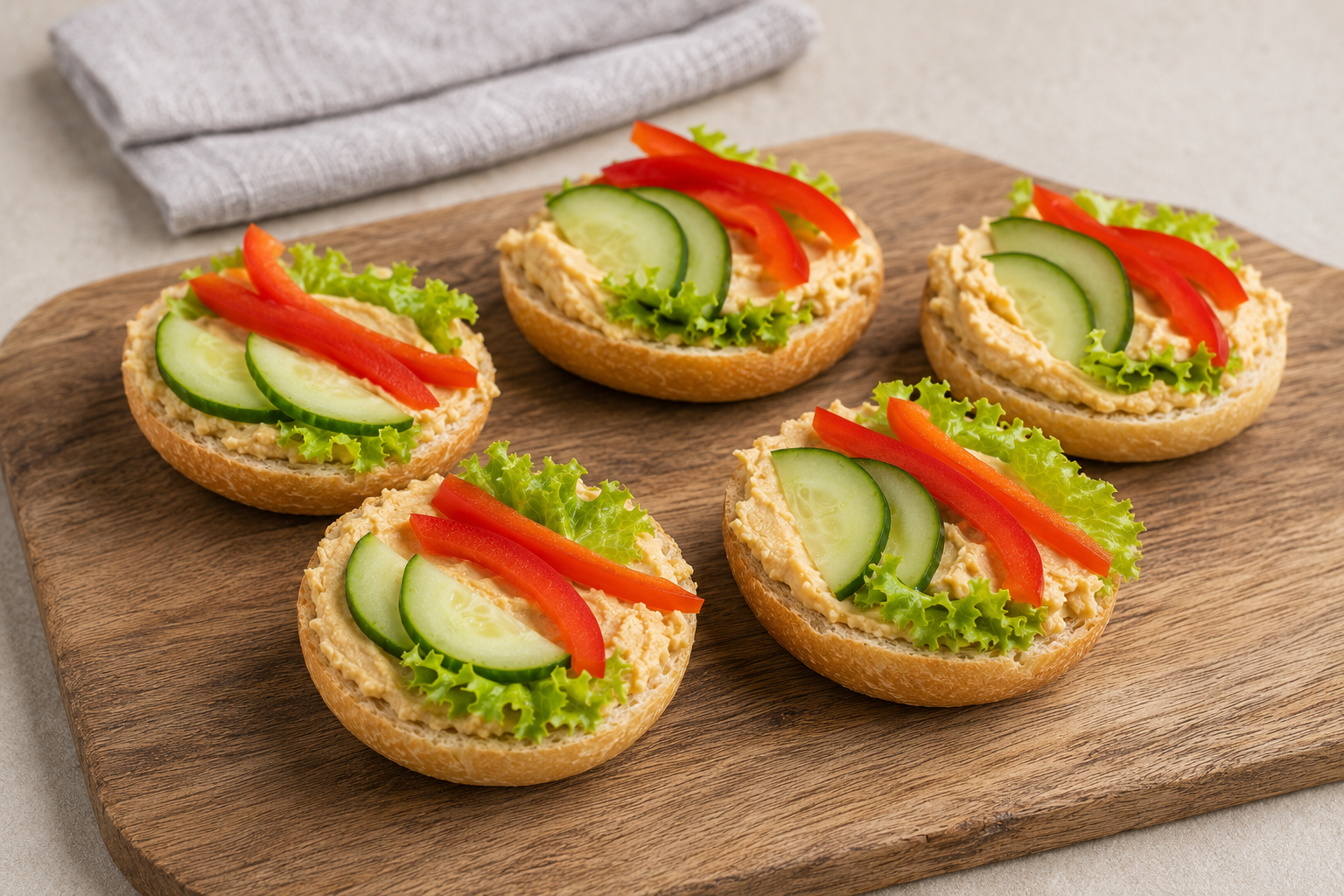 Halbe belegte Brötchen, Hummus & Paprika