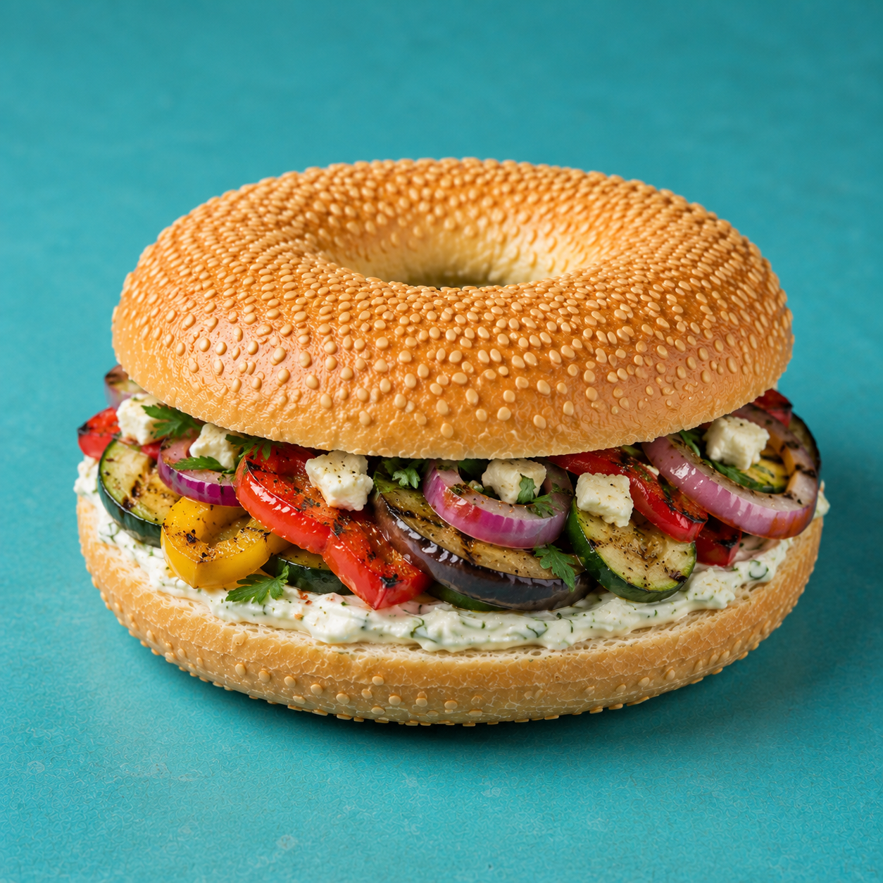Belegte Bagels, Gegrilltes Gemüse, Feta
