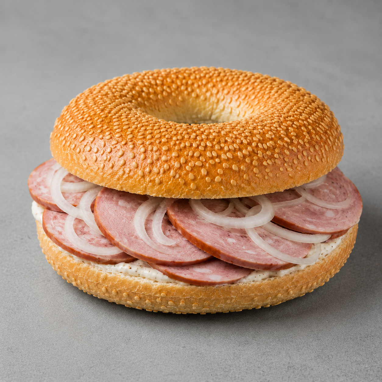 Belegte Bagels, Stadtwurst mit Zwiebeln