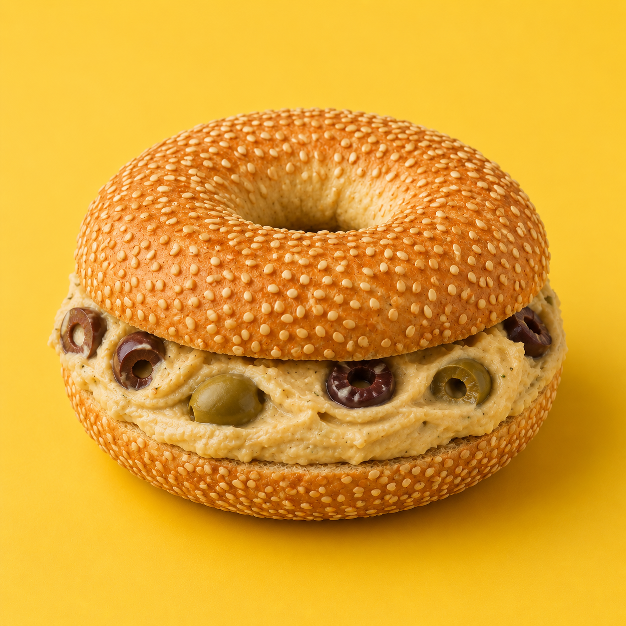 Belegte Bagels, Hummus mit Olliven