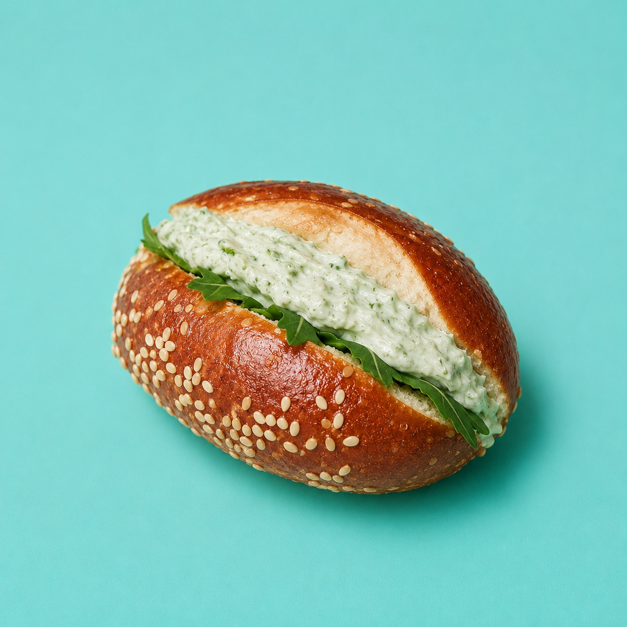 Belegte Mini-Laugenstangen, Rucola Creme