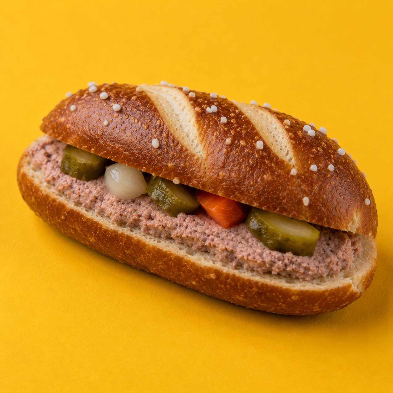 Belegte Mini-Laugenstangen, Grobe Leberwurst, mixed Pickles