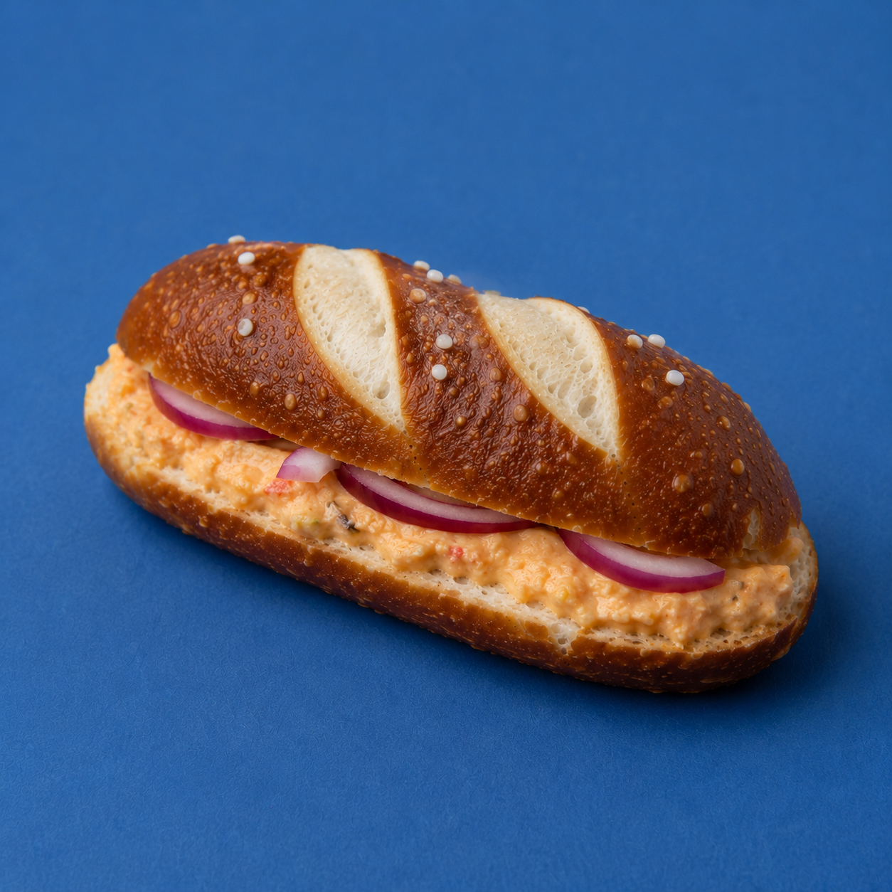 Belegte Mini-Laugenstangen, Obazda & rote Zwiebeln