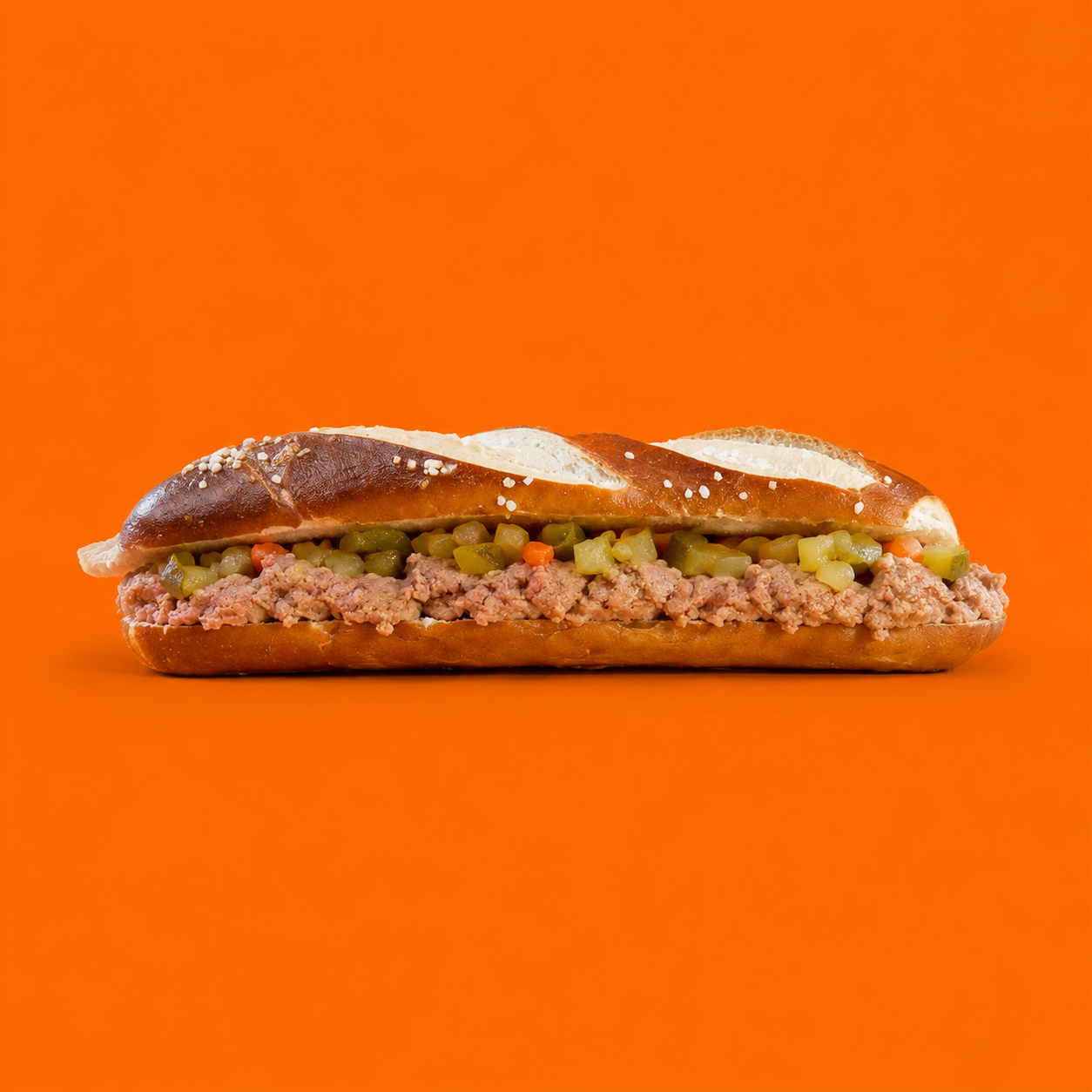Belegte Laugenstangen, Grobe Leberwurst, mixed Pickles