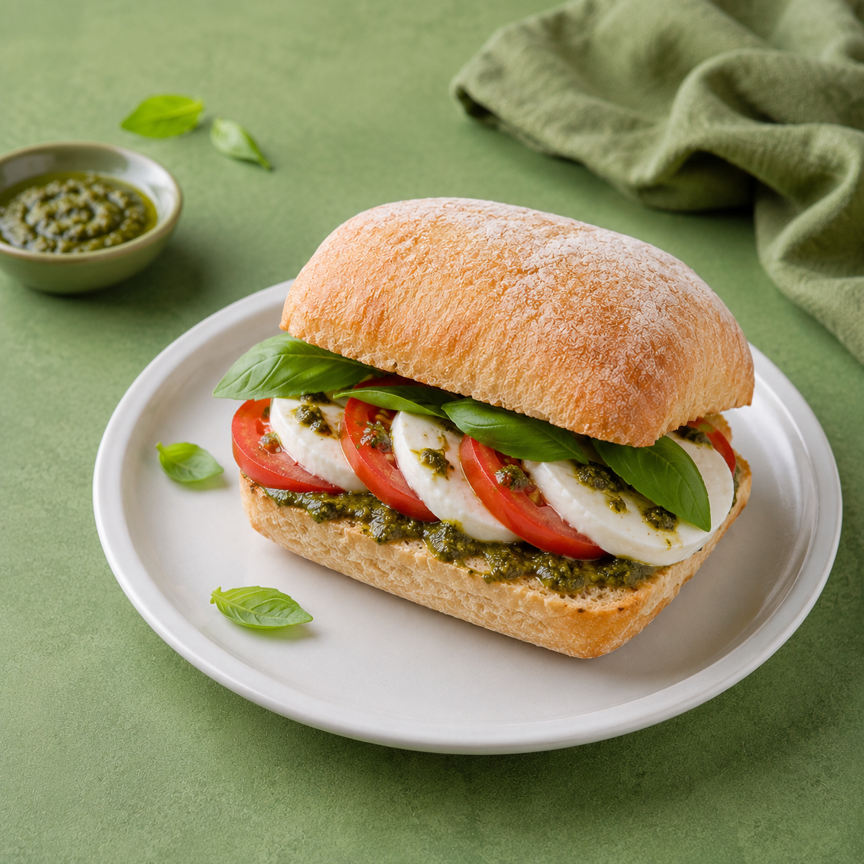 Mini-Ciabatta, Mozzarella, Tomate, Pesto