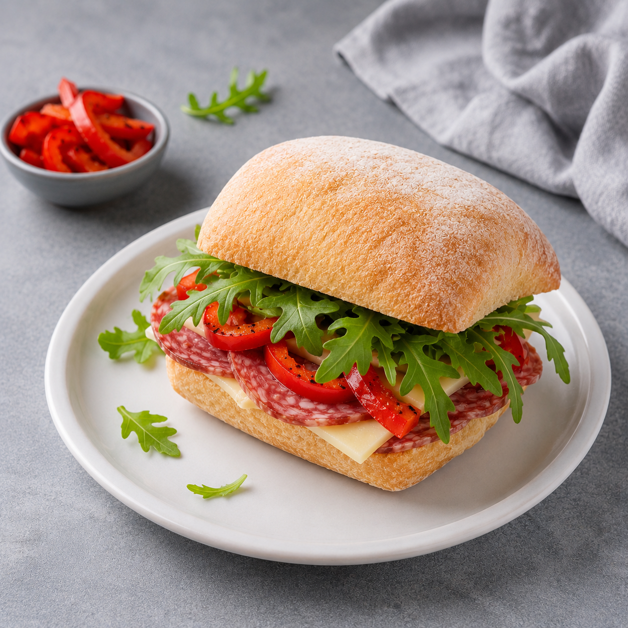 Mini-Ciabatta, Salami, Käse, Paprika