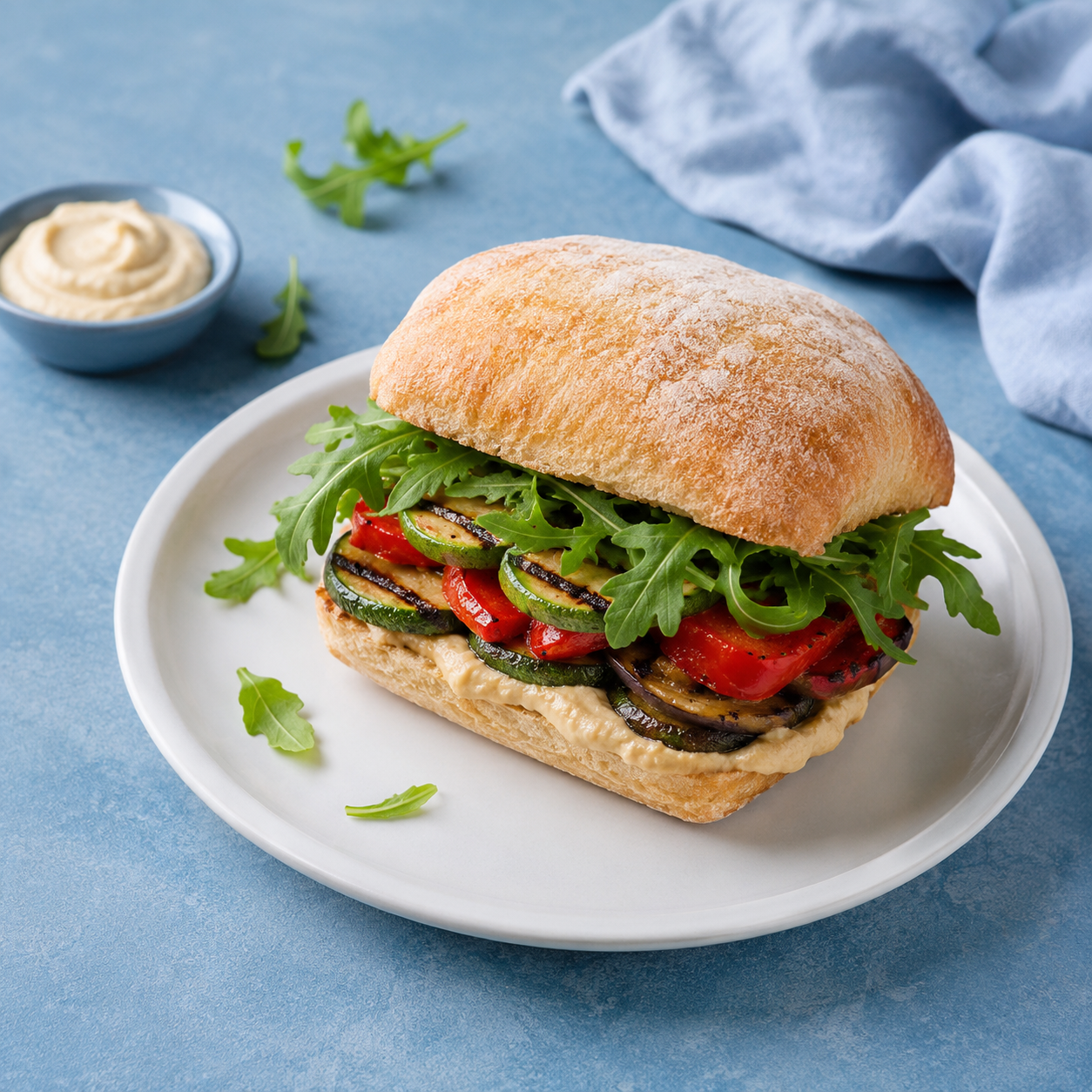 Mini-Ciabatta, Hummus, Grillgemüse, Rucola