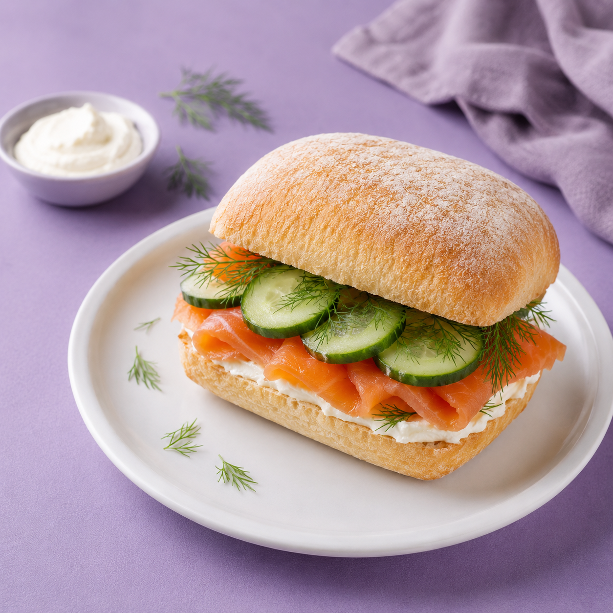 Mini-Ciabatta, Räucherlachs, Frischkäse, Gurke, Dill