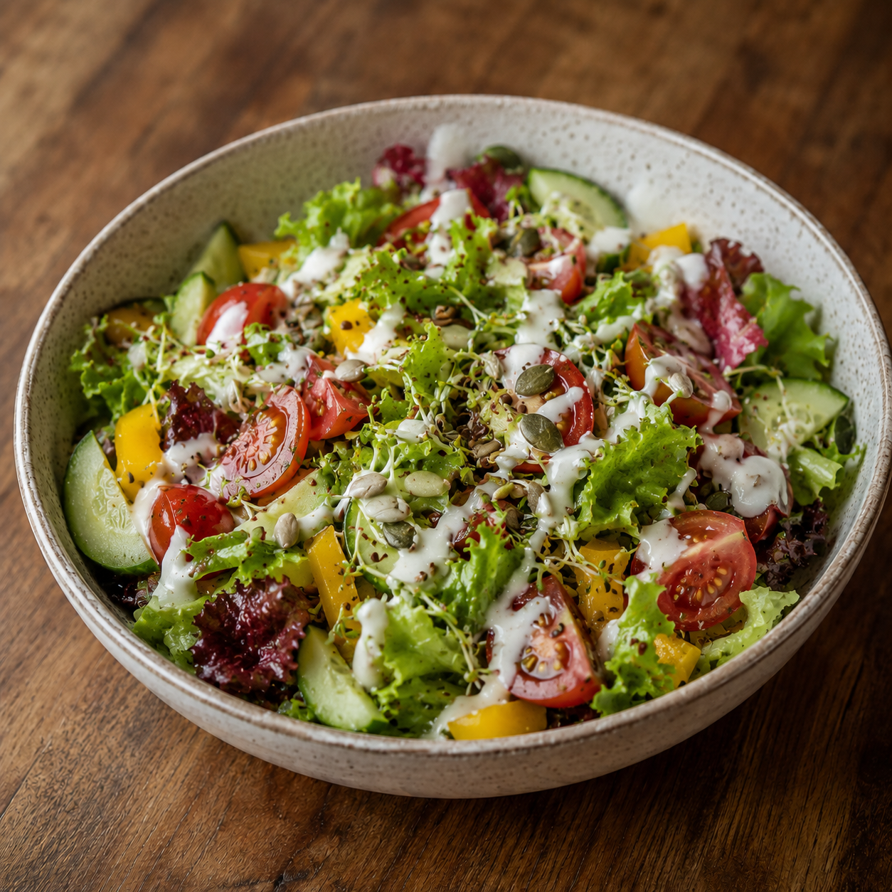 Gemischter Salat vegetarisch mit Jogurtdressing, Blattsalate, Gurken, Tomaten, Paprika, Kerne, Sprossen