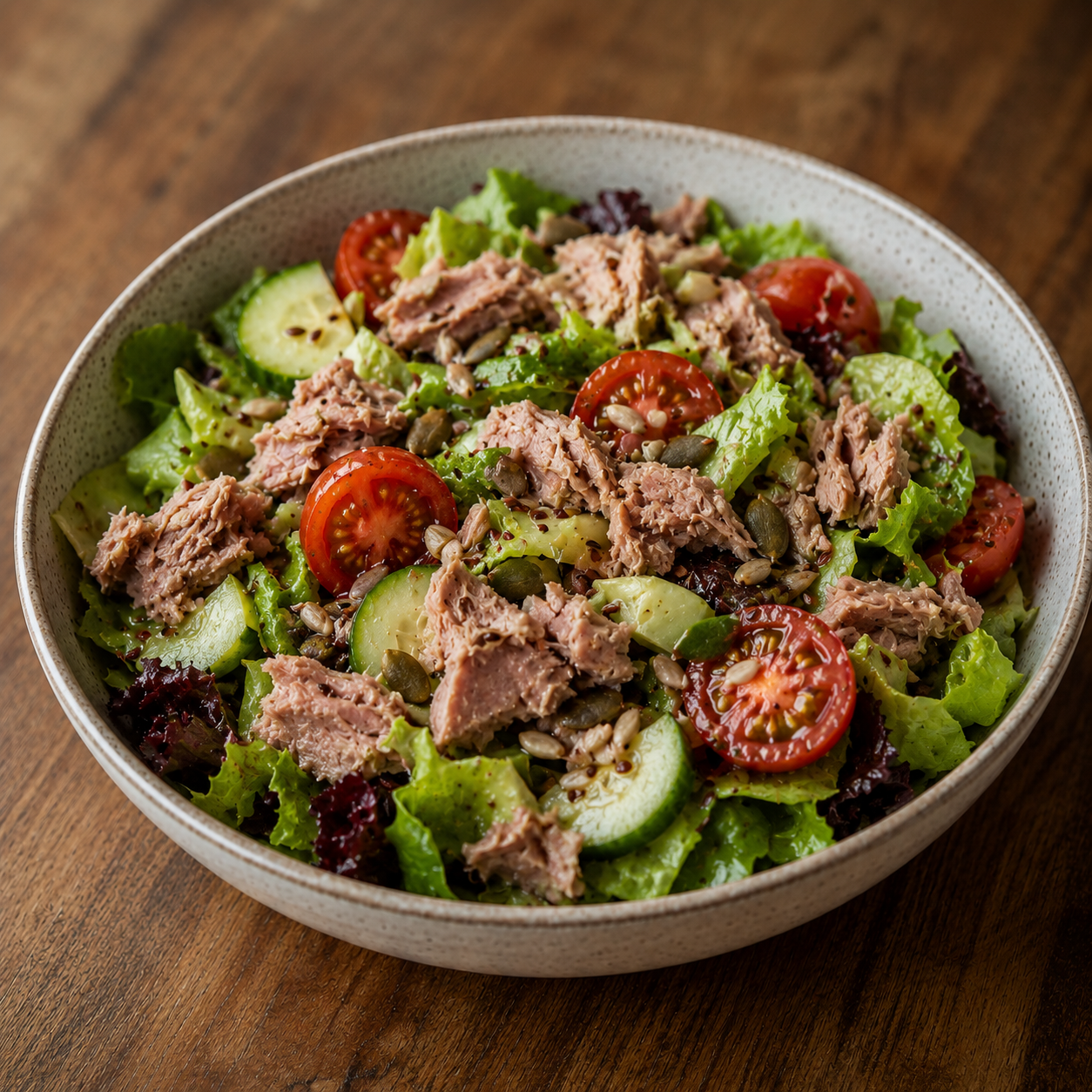 Gemischter Salat mit Thunfisch, Blattsalate, Gurken, Tomaten, Kerne
