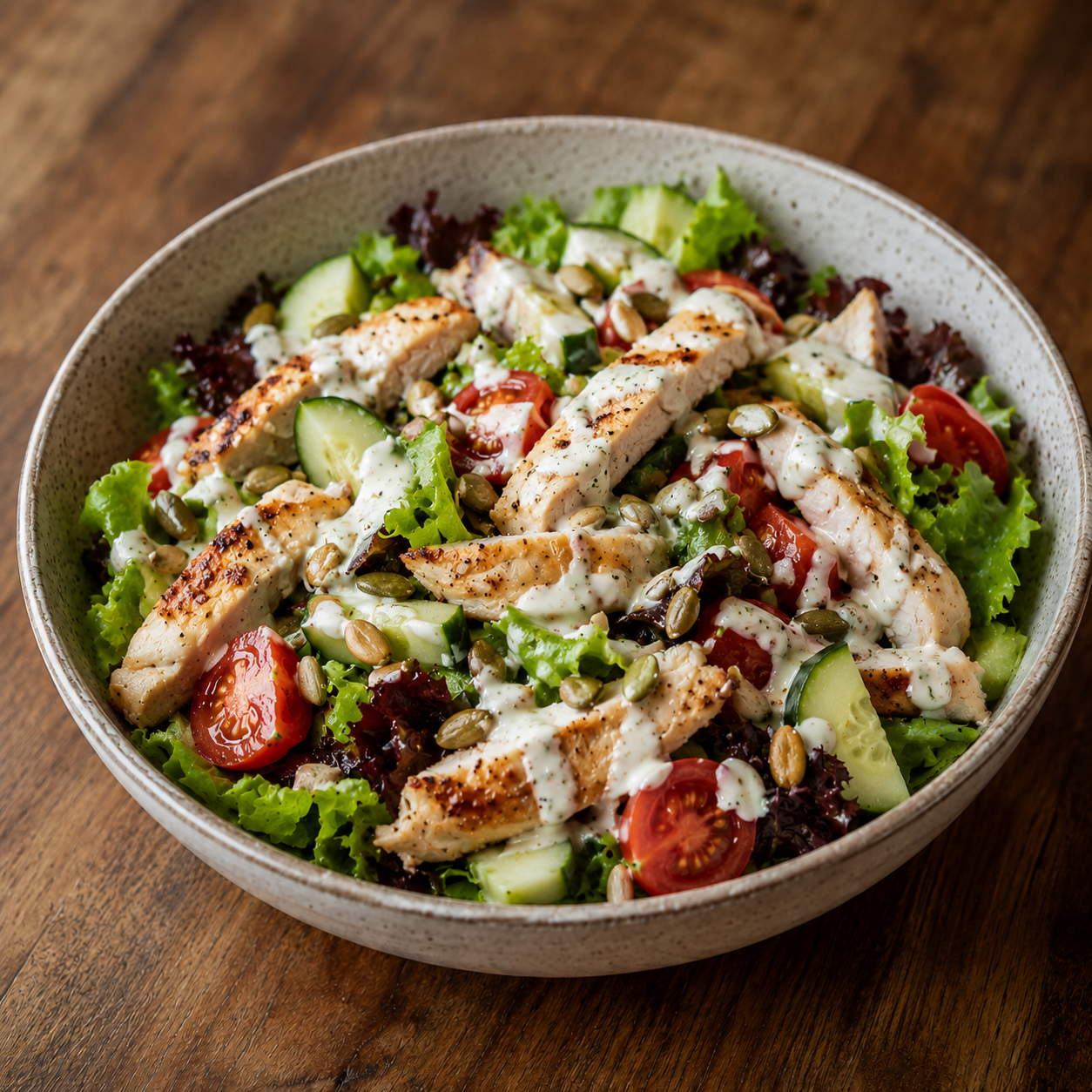 Gemischter Salat mit Hühnchenbruststreifen mit Jogurtdressing, Blattsalate, Gurken, Tomaten, Kerne
