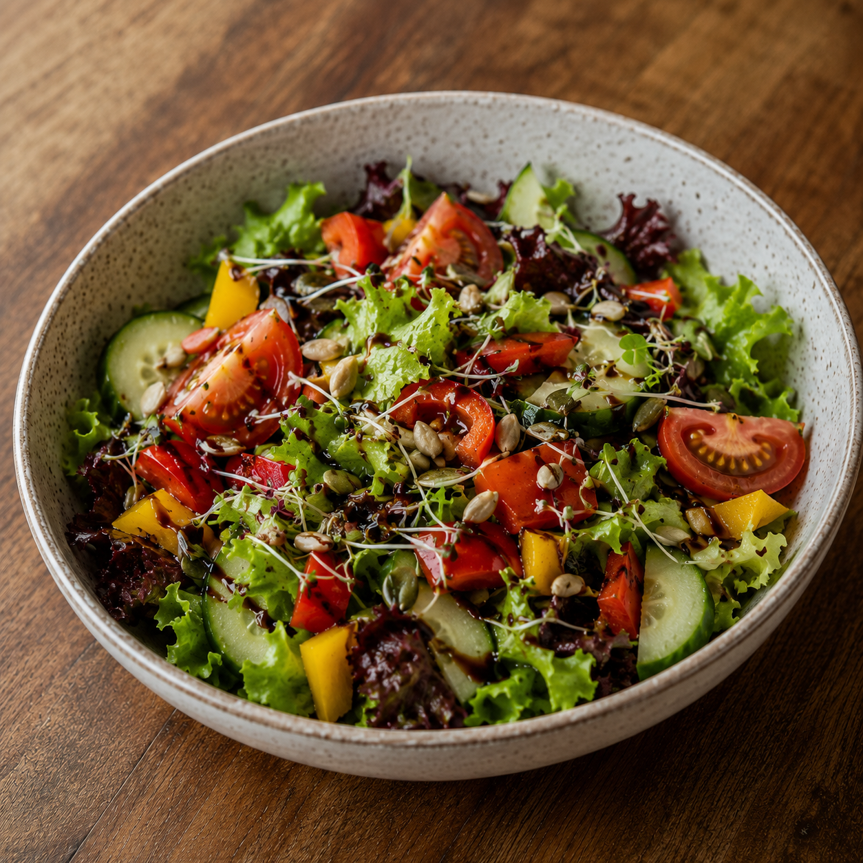 Gemischter Salat vegetarisch mit Balsamicodressing, Blattsalate, Gurken, Tomaten, Paprika, Kerne, Sprossen
