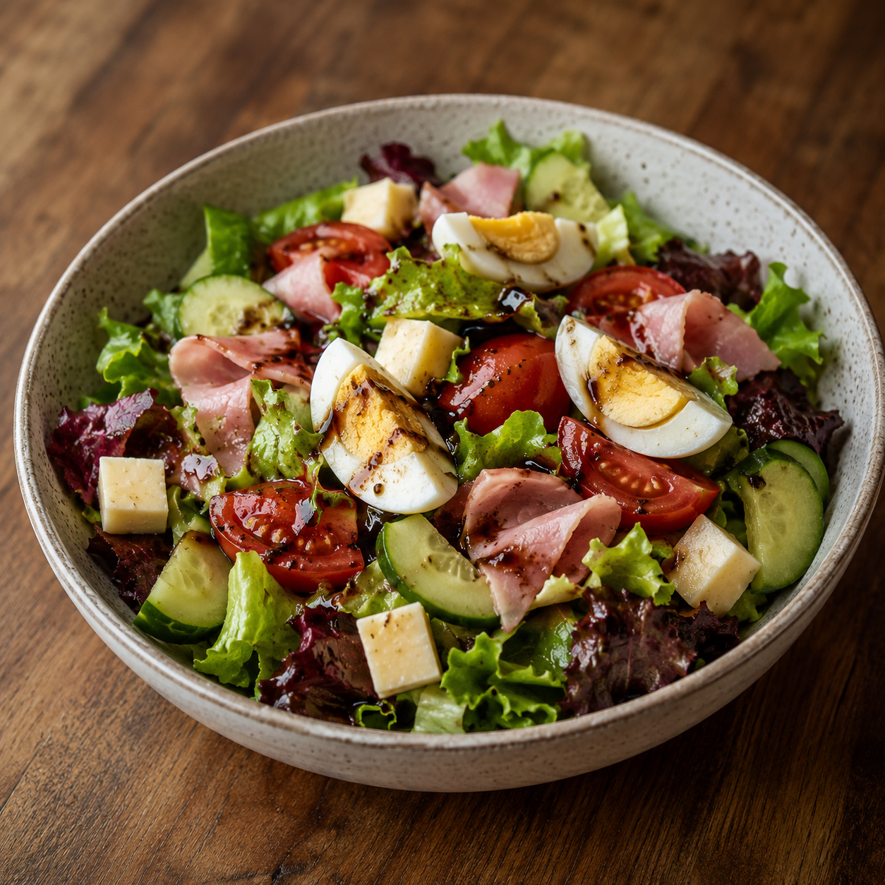Gemischter Salat mit Einlage mit Balsamicodressing, Blattsalate, Gurken, Tomaten, Schinken, Käse, Ei