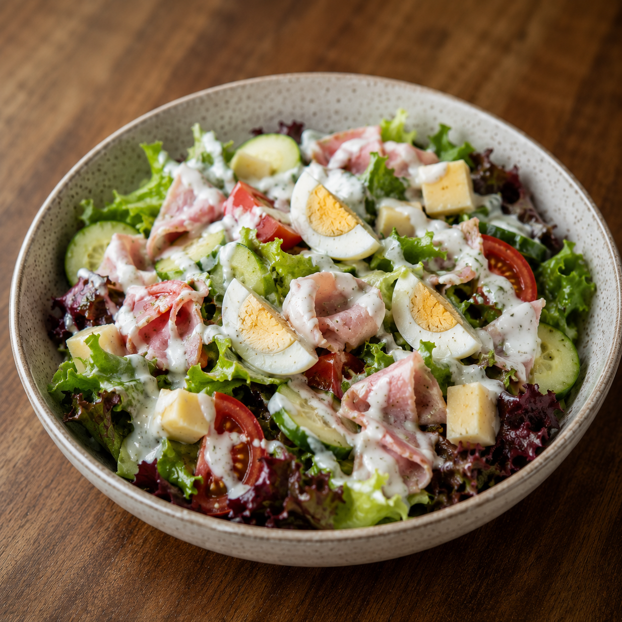 Gemischter Salat mit Einlage mit Jogurtdressing, Blattsalate, Gurken, Tomaten, Schinken, Käse, Ei