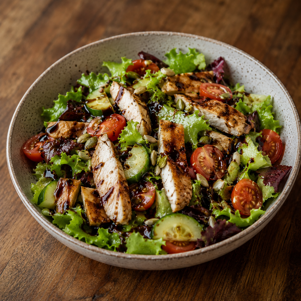 Gemischter Salat mit Hühnchenbruststreifen mit Balsamicodressing, Blattsalate, Gurken, Tomaten, Kerne