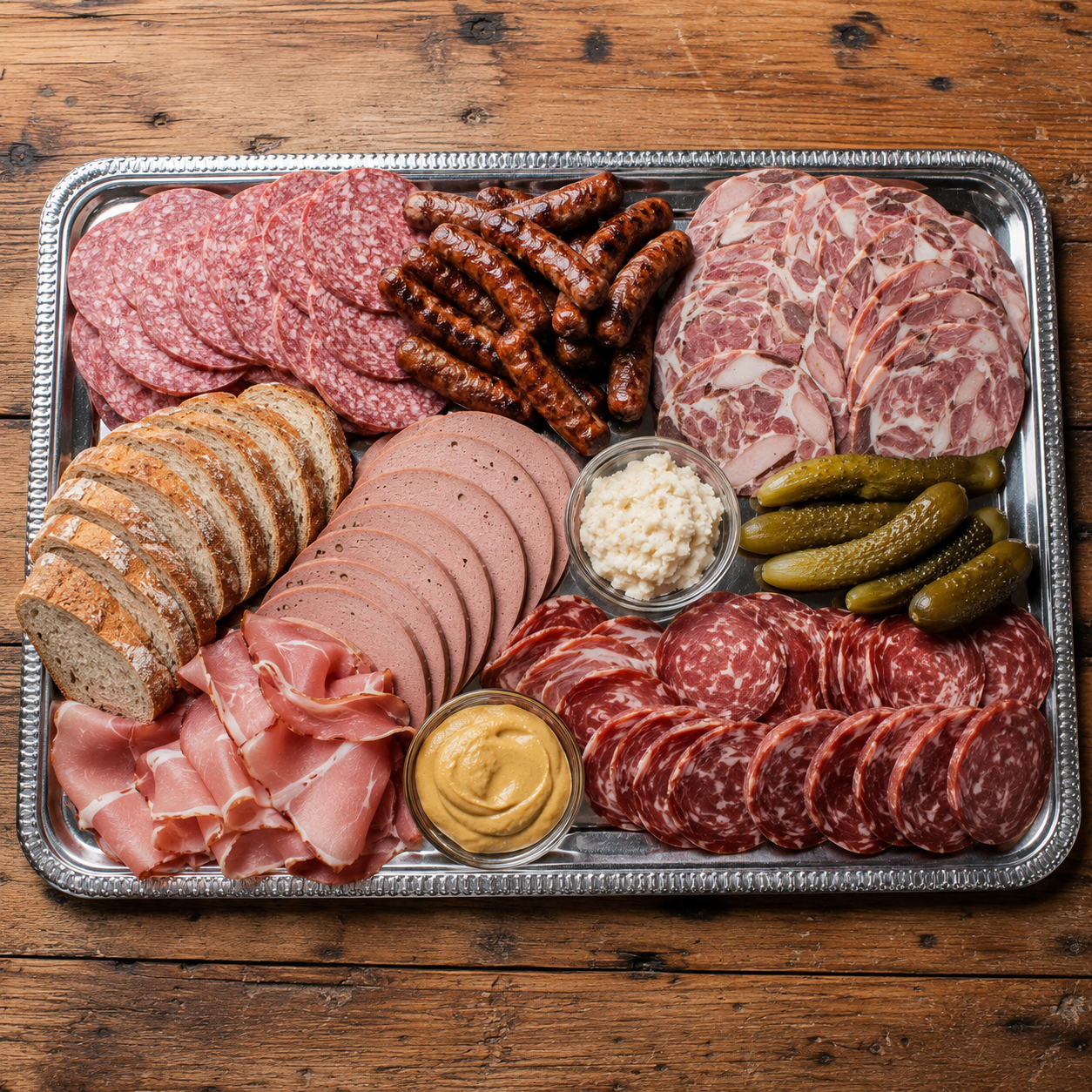 Fränkische Brotzeitplatte, Nürnberger Bratwürste (geräuchert), Stadtwurst, Leberwurst, Schinken, Salami, Presssack, Essiggurken, Senf, Meerrettich und Bauernbrot - Für 10 Personen