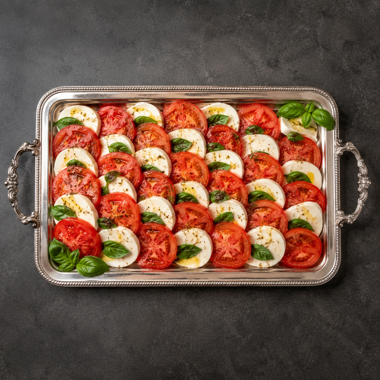 Tomate-Mozzarella Platte, Mit Basilikum, Essig und Öl - Für 10 Personen