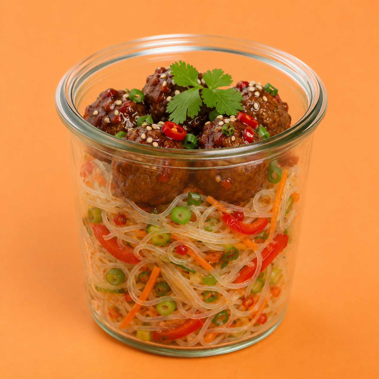 Fingerfood im Schraubglas, Chili-Sesam-Hackbällchen auf Glasnudelsalat