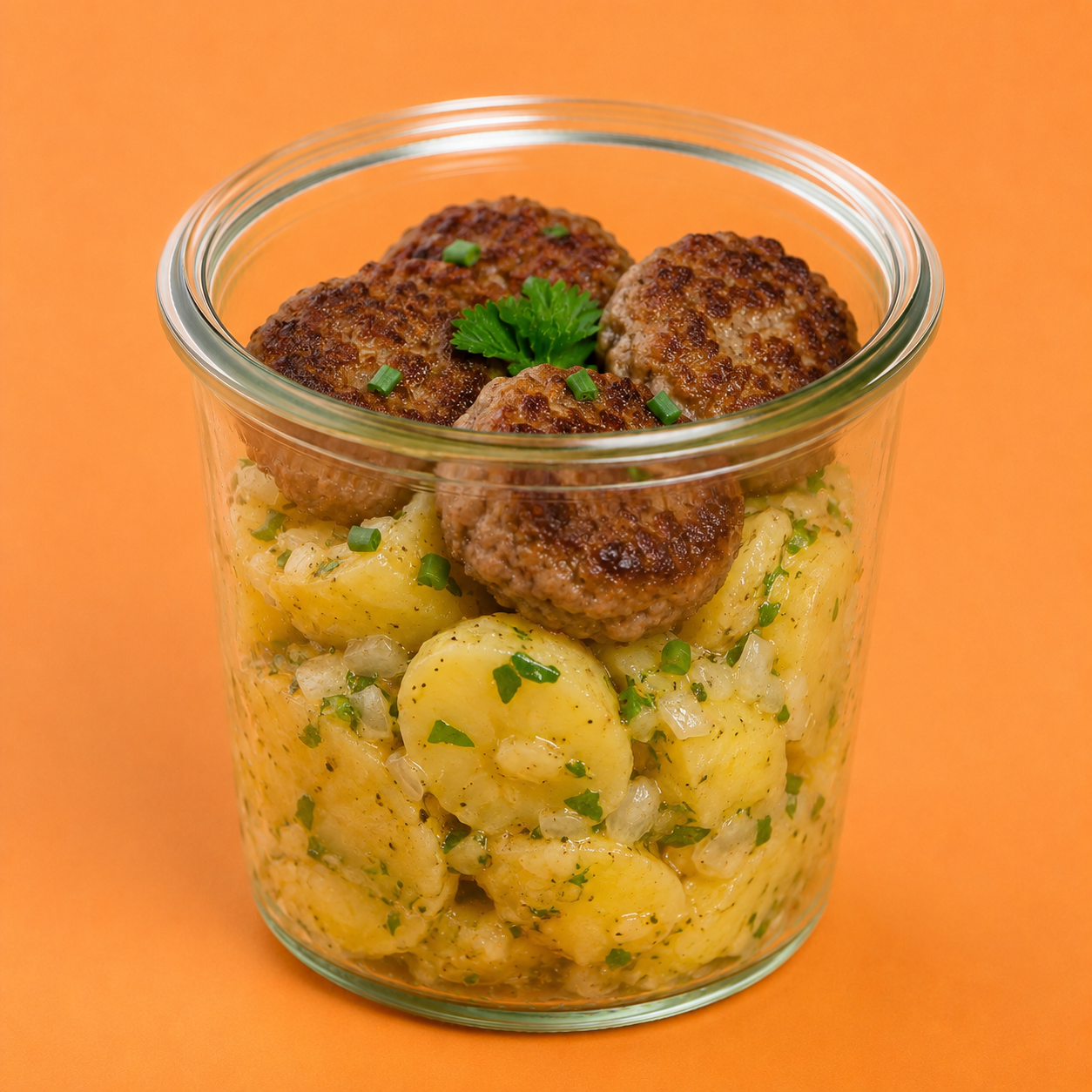 Fingerfood im Schraubglas, Kleine Fleischküchle mit Kartoffelsalat