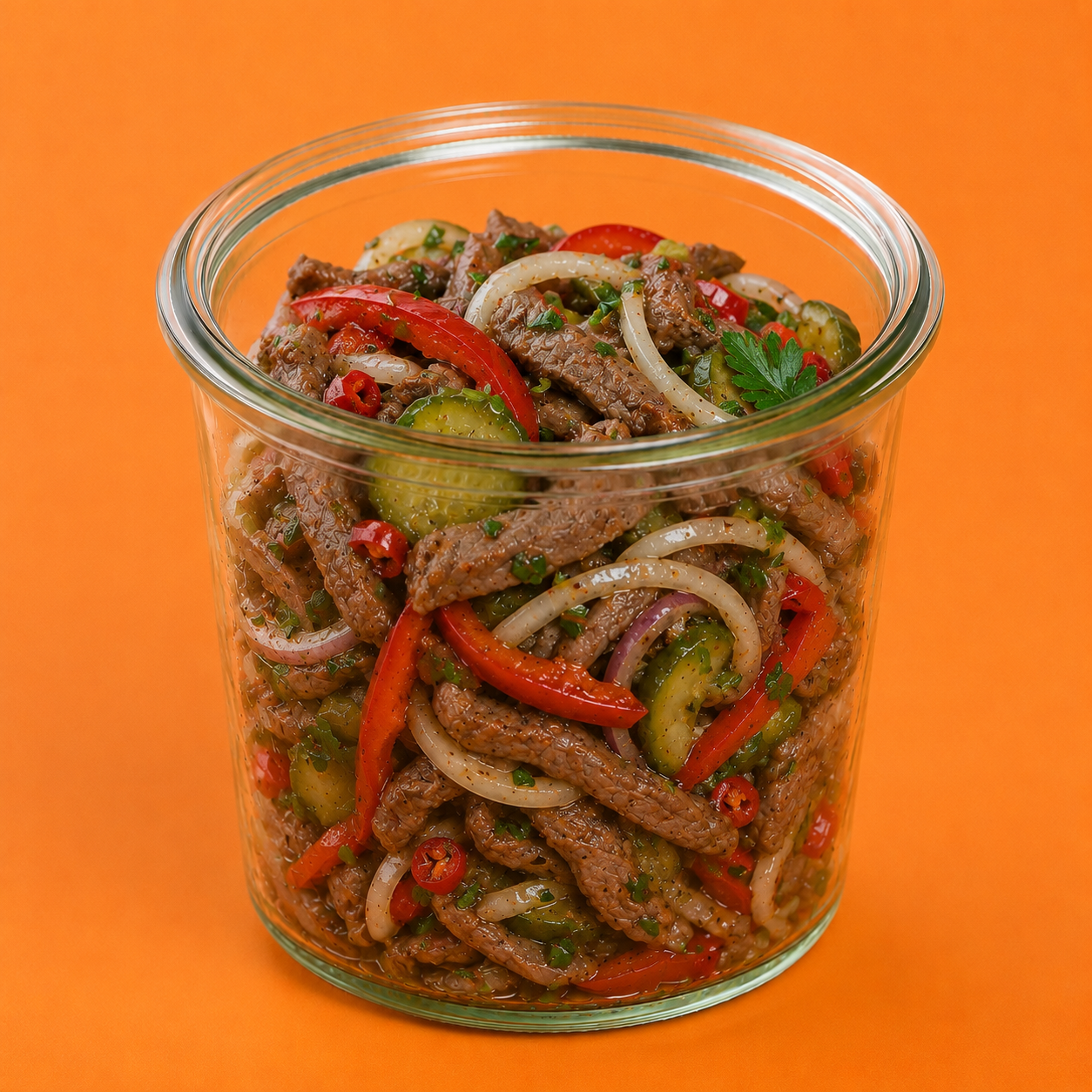 Fingerfood im Schraubglas, Pikanter Rindfleischsalat
