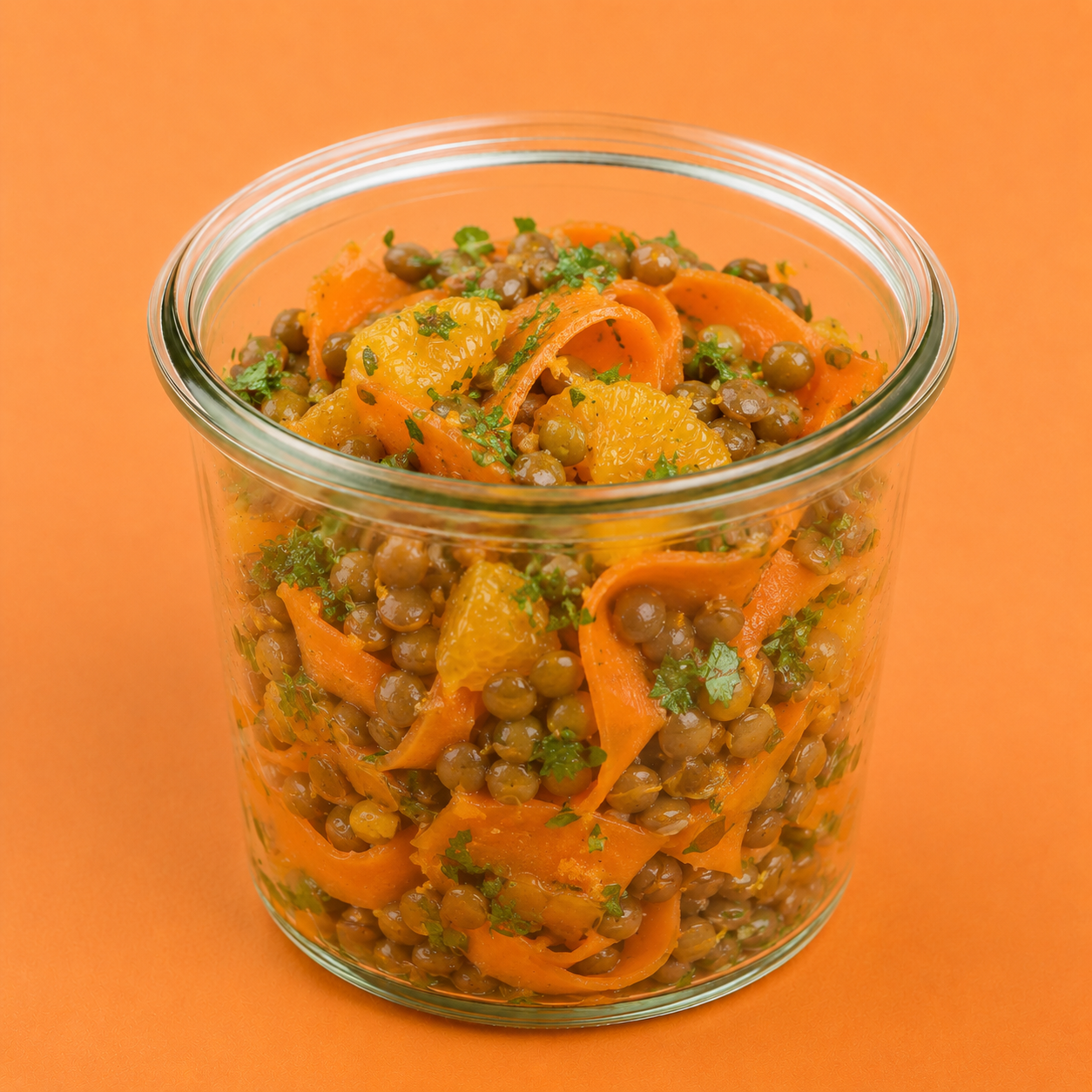 Fingerfood im Schraubglas, Möhren-Linsen-Salat mit Orangendressing (vegan)