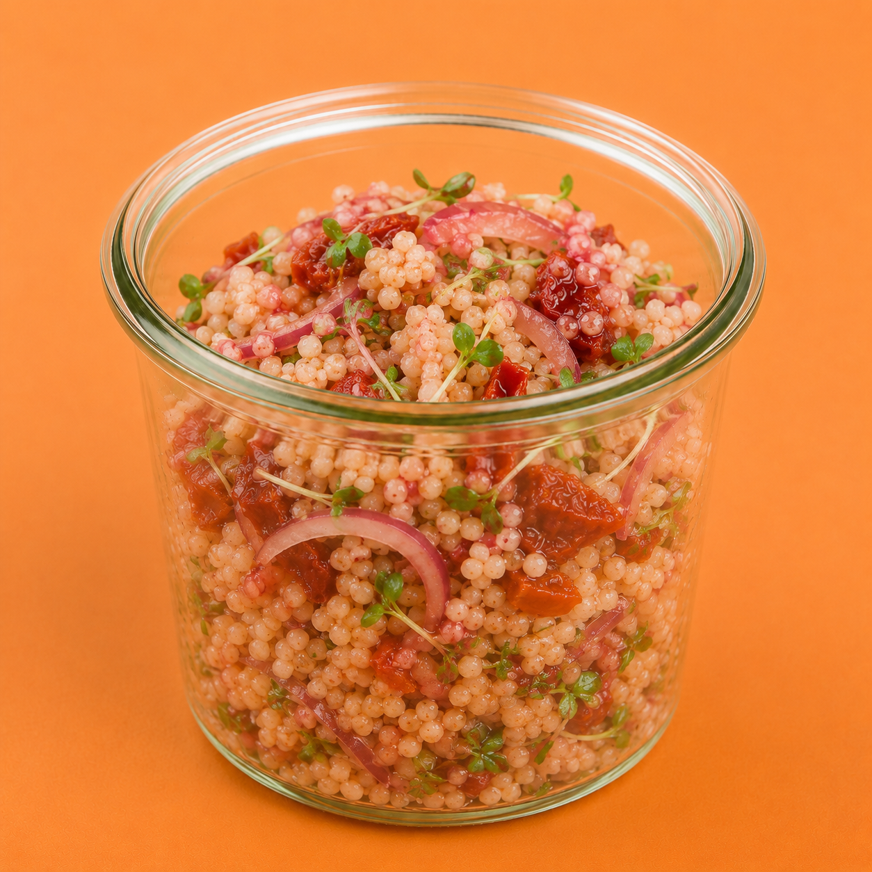 Fingerfood im Schraubglas, Couscous-Salat mit Zwiebeln, getrockneten Tomaten, Sprossen und Himbeerdressing