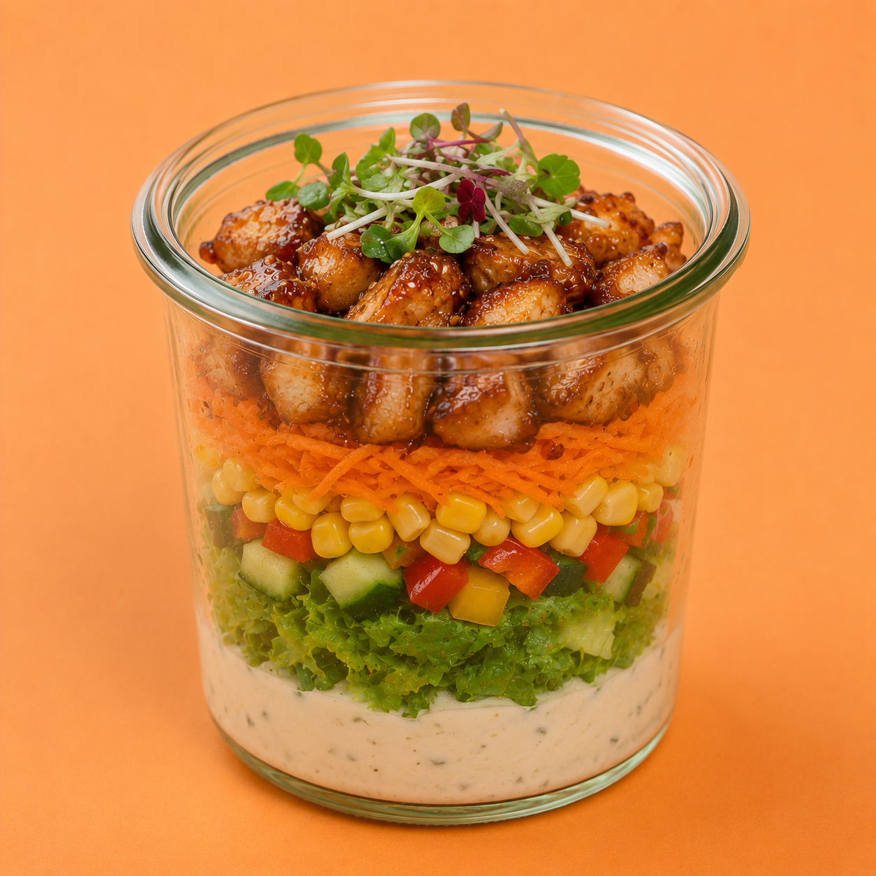 Fingerfood im Schraubglas, Schichtsalat mit karamellisiertem Hühnchen