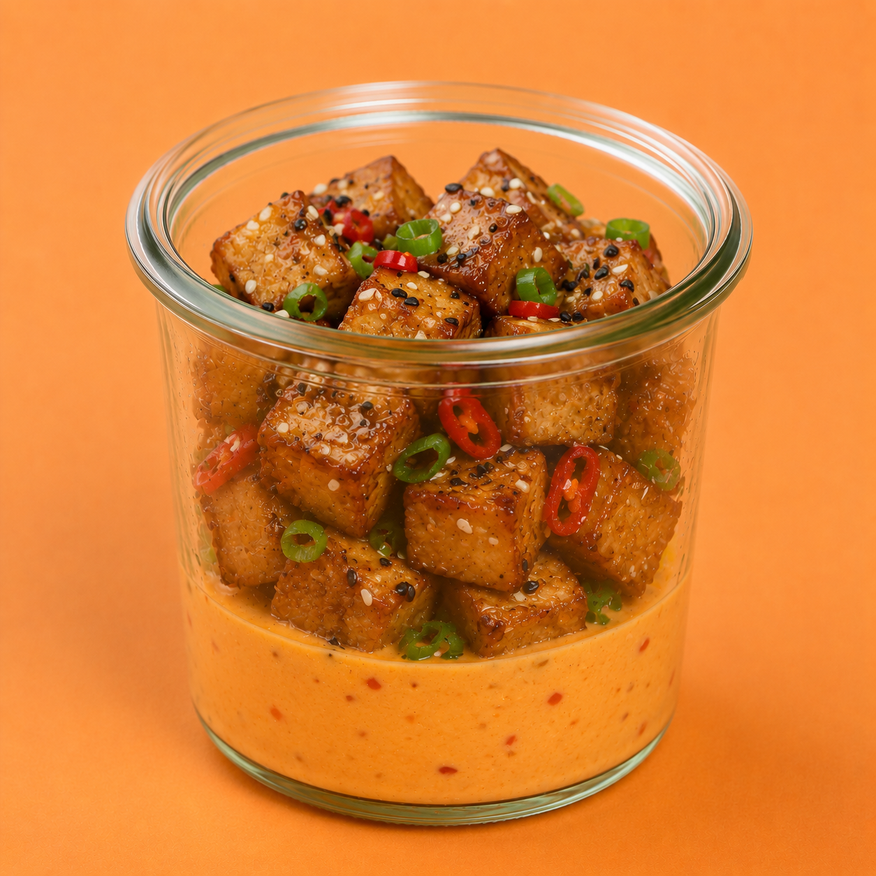 Fingerfood im Schraubglas, Sesam Tofu mit Kokos-Chili-Dip (vegan)