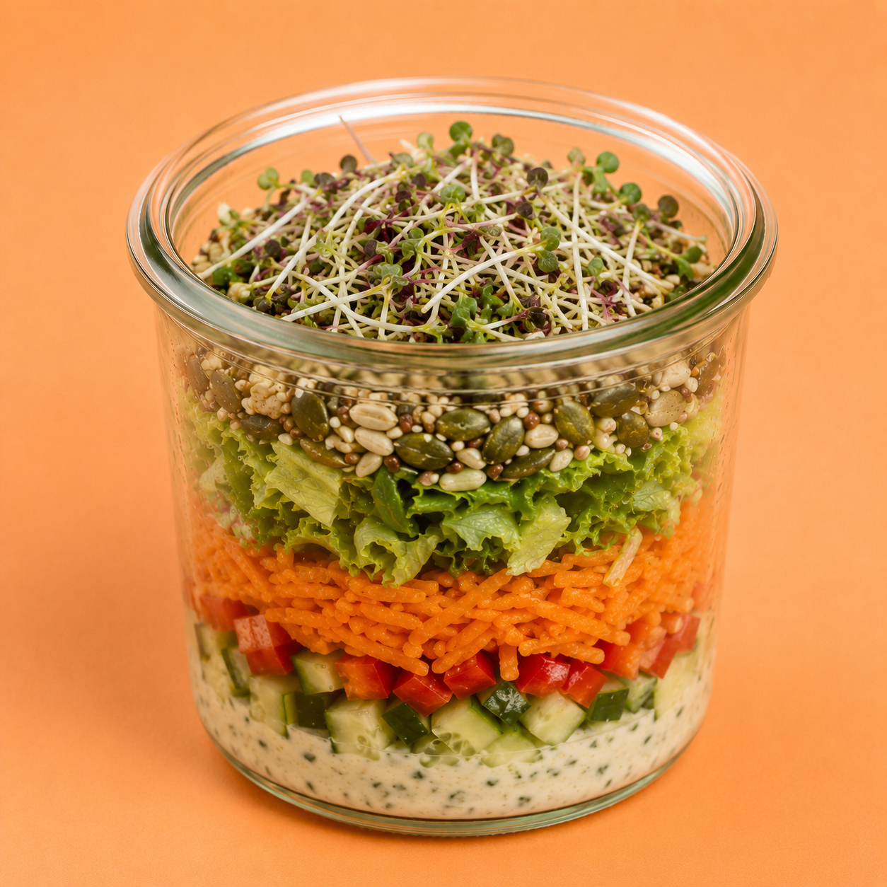 Fingerfood im Schraubglas, Schichtsalat mit Kernen und Sprossen