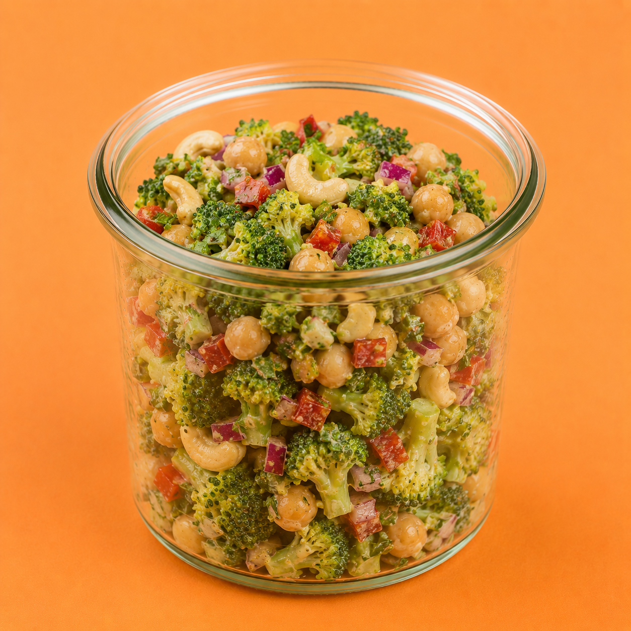 Fingerfood im Schraubglas, Brokkolisalat mit Kichererbsen und Cashewkernen (vegan)