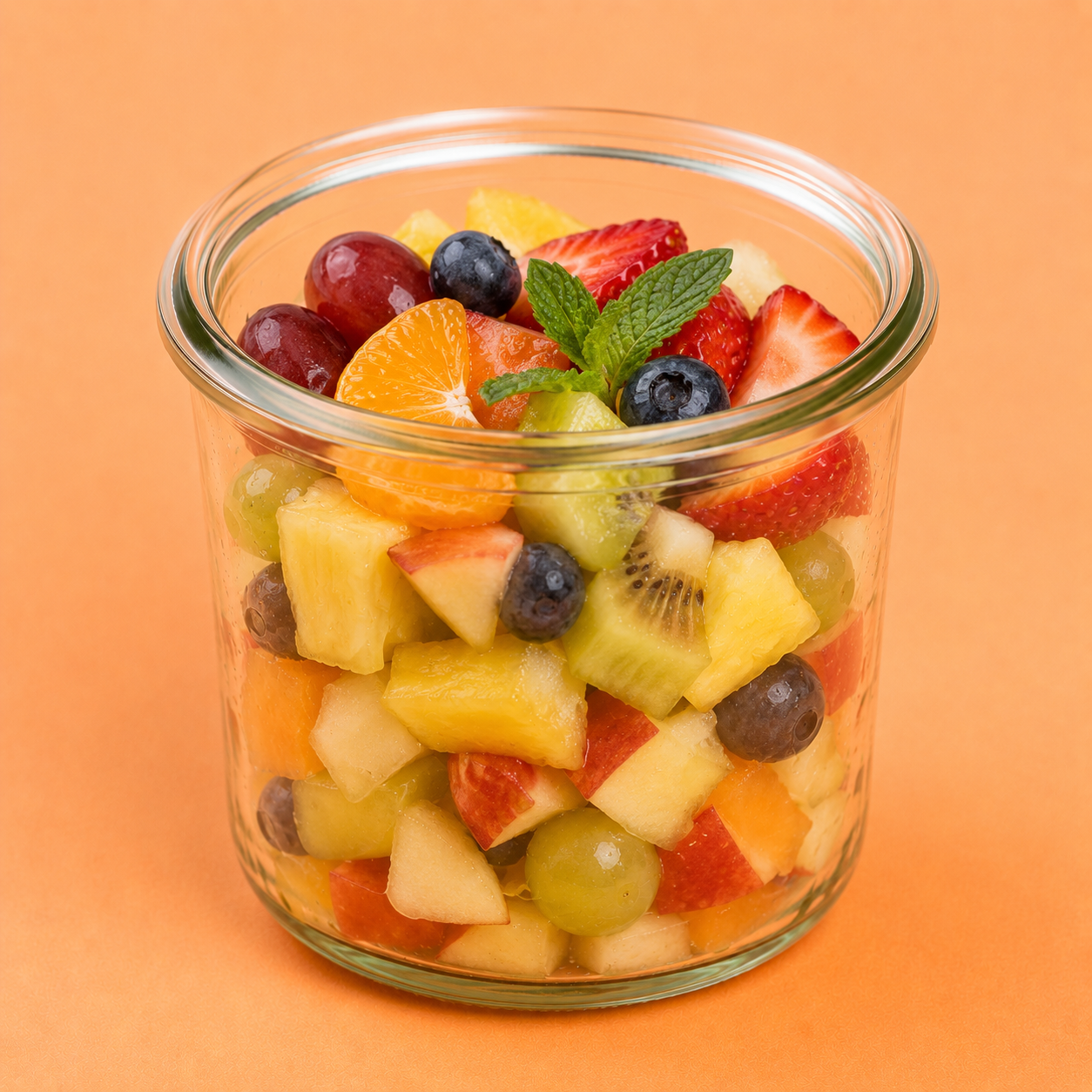 Fingerfood im Schraubglas, Obstsalat mit Früchten der Saison