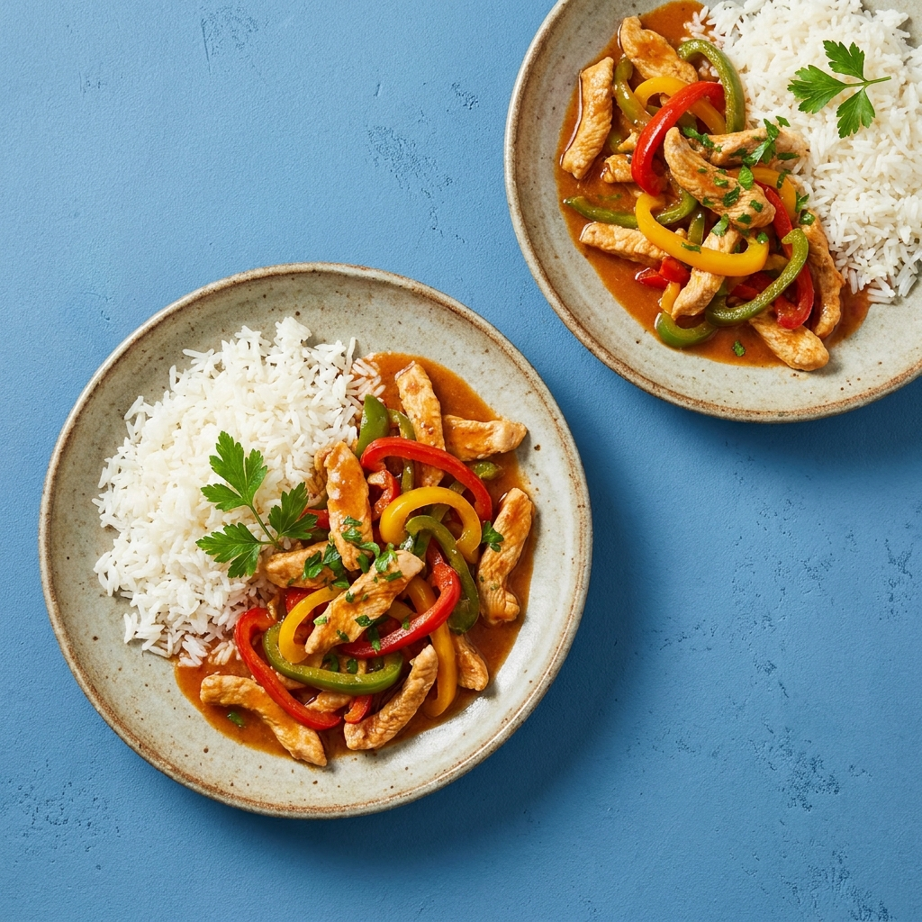 Putengeschnetzeltes mit Paprika und Reis